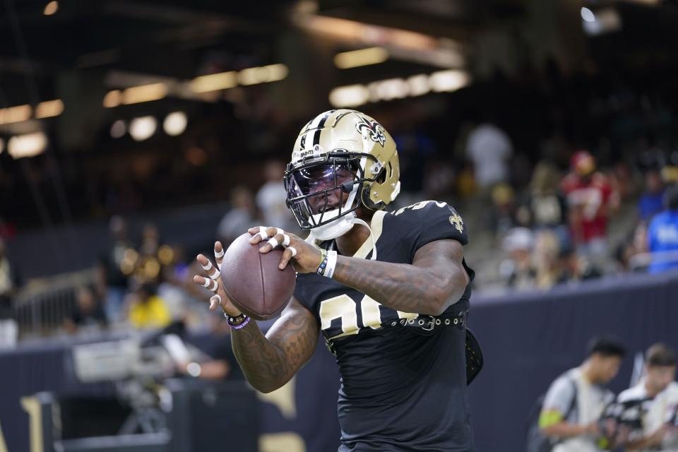 New Orleans Saints running back Jamaal Williams warms up before an NFL football game against the Kansas City Chiefs in New Orleans, Sunday, Aug. 13, 2023. Williams will be reuniting with his former BYU teammate and friend Taysom Hill in New Orleans. | Gerald Herbert, Associated Press