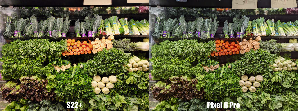 <p>A photo comparison between the S22+ and the Pixel 6 Pro taken at a grocery store.</p>
