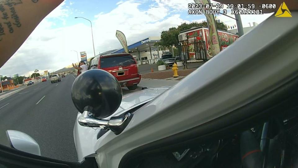 Image from Officer Jeramie Nevarez’s lapel video showing Albrecht getting out of his vehicle.