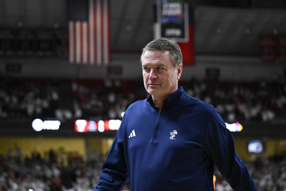 Kansas head coach Bill Self leaves the court after his second technical foul during the second half of an NCAA college basketball game against Texas Tech, Monday, Feb. 12, 2024, in Lubbock, Texas. (AP Photo/Justin Rex)