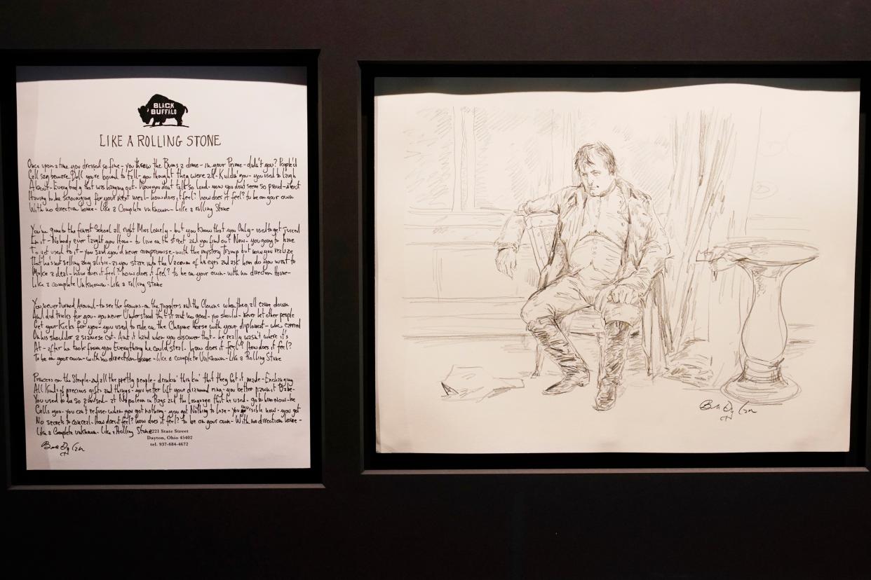 A pencil sketch drawn by Bob Dylan of his song "Like a Rolling Stone", is on display as part of an exhibit of his visual art.