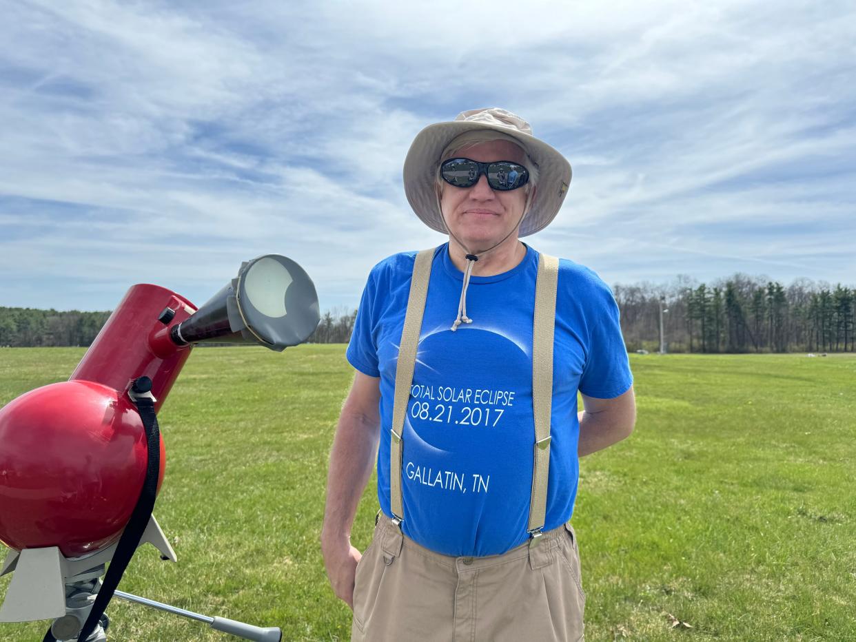 Peter Crump, who looked for a small town with affordable accommodations along the path of the total eclipse, spent the day at Freer Field in Ashland with his 40-year-old Astroscan telescope, which projected the eclipse onto a screen.