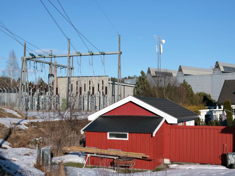 Electricity sub-station that powers a bitcoin mining farm in the suburbs of Hønefoss, Norway. (Eliza Gkritsi)