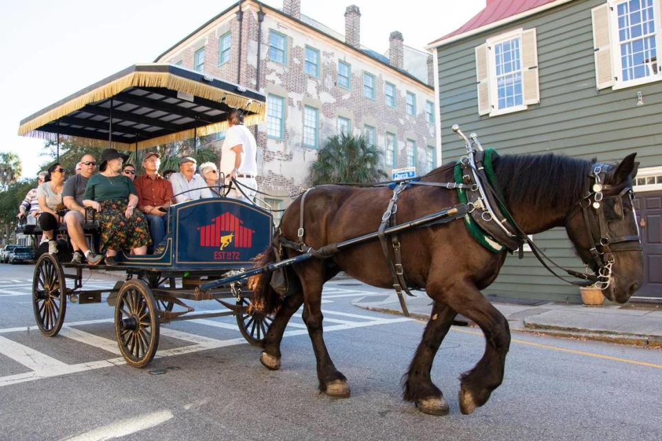 A horse drawn carriage in Charleston, South Carolina on Saturday, October 23, 2021. Much of Charleston’s tourism centers around its history.