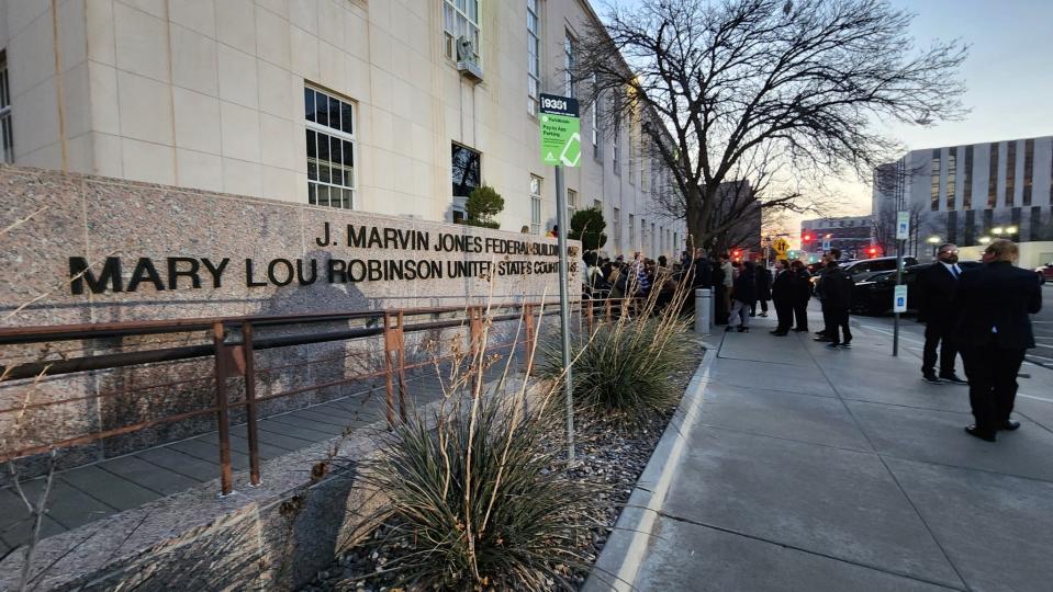 Members of the media and general public line up outside of the Mary Lou Robinson United States Courthouse ahead of the public hearing on the lawsuit against abortion medication mifepristone on March 15, 2023.