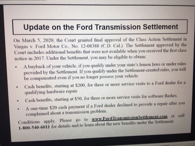 Nearly 2 million Ford Focus, Fiesta owners were to receive postcards alerting them to financial relief opportunities.