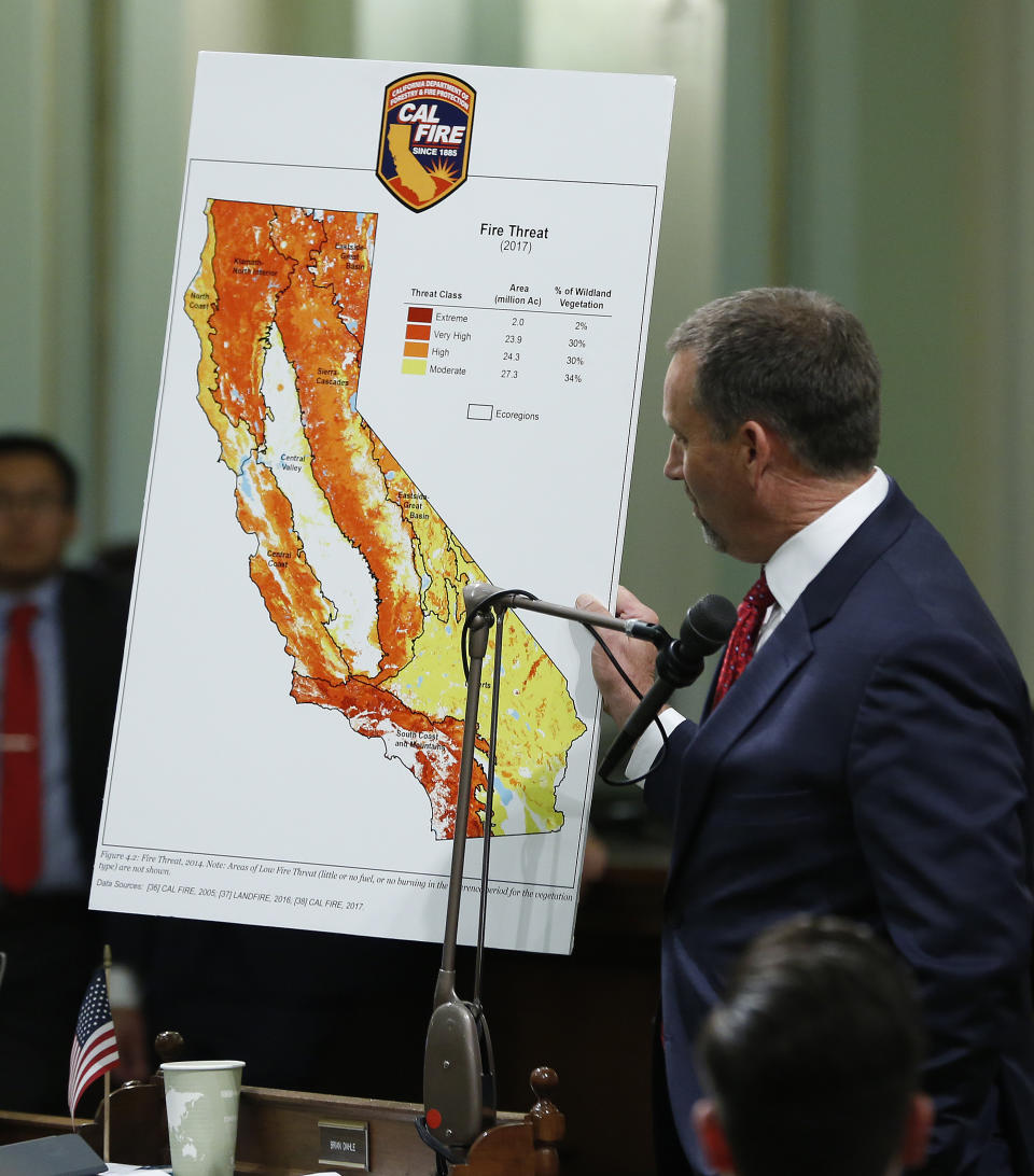 Assembly Republican Leader Brian Dahle, of Bieber, displays a map showing the fire threat to California in 2017 as he urges lawmakers to approve a measure to allow utilities to pass the cost of the 2017 wildfires on to customers, Friday, Aug. 31, 2018, in Sacramento, Calif. Both houses approved the bill that includes a wide-ranging plan to reduce the threat of wildfires, and sent it to Gov. Jerry Brown. (AP Photo/Rich Pedroncelli)