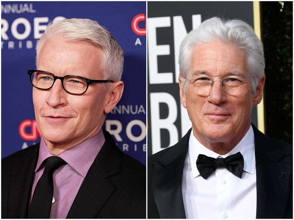Side by side of Anderson Cooper in a purple shirt and black jacket and Richard Gere in a tuxedo and bowtie