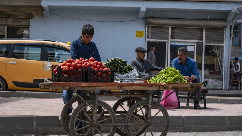 Boy selling fruits on cart