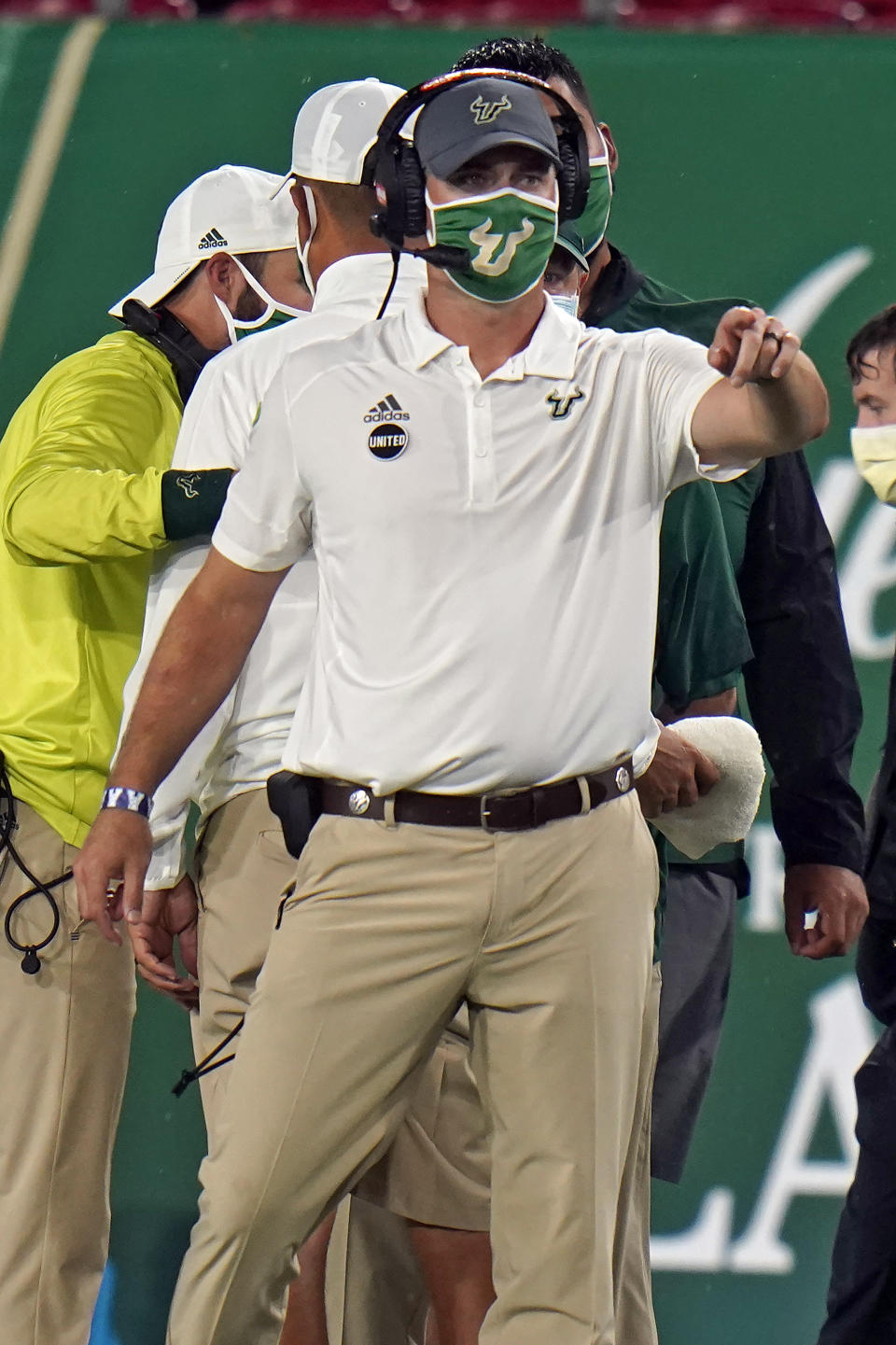 New South Florida head coach Jeff Scott shouts out intstructions to his team during the first half of an NCAA college football game against Citadel Saturday, Sept. 12, 2020, in Tampa, Fla. (AP Photo/Chris O'Meara)