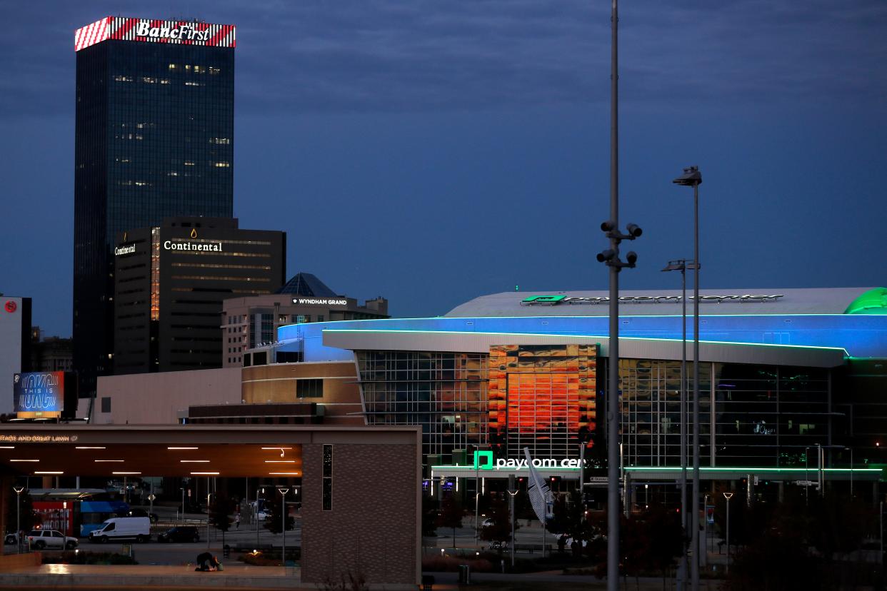 Paycom Center is seen at sunset Nov. 29 in Oklahoma City.