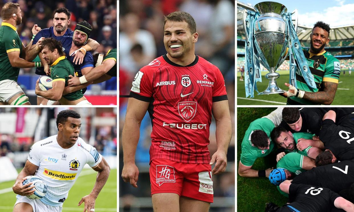 <span>South Africa’s lock Eben Etzebeth (bottom) is tackled during the World Cup quarter-final; it’s been quite a season for Toulouse and France’s Antoine Dupont; Courtney Lawes of Northampton raises the Premiership trophy; Ireland flanker Jack Conan (left) tries to release the ball from a ruck during their World Cup quarter-final against New Zealand; the speed of Immanuel Feyi-Waboso is one of the qualities that has made the Exeter winger such an exciting player to watch (clockwise from top left).</span><span>Composite: AFP/Getty Images; Getty Images; ProSports/Shutterstock</span>