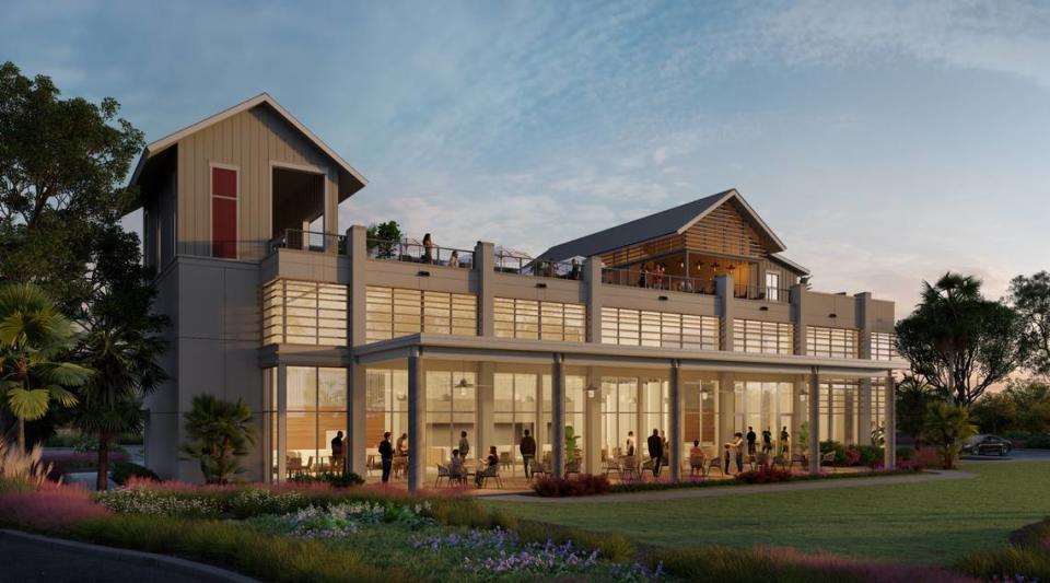 This artists rendering shows what Benny’s Coastal Kitchen will look like, with views of Skull Creek from the first floor and from a rooftop area.