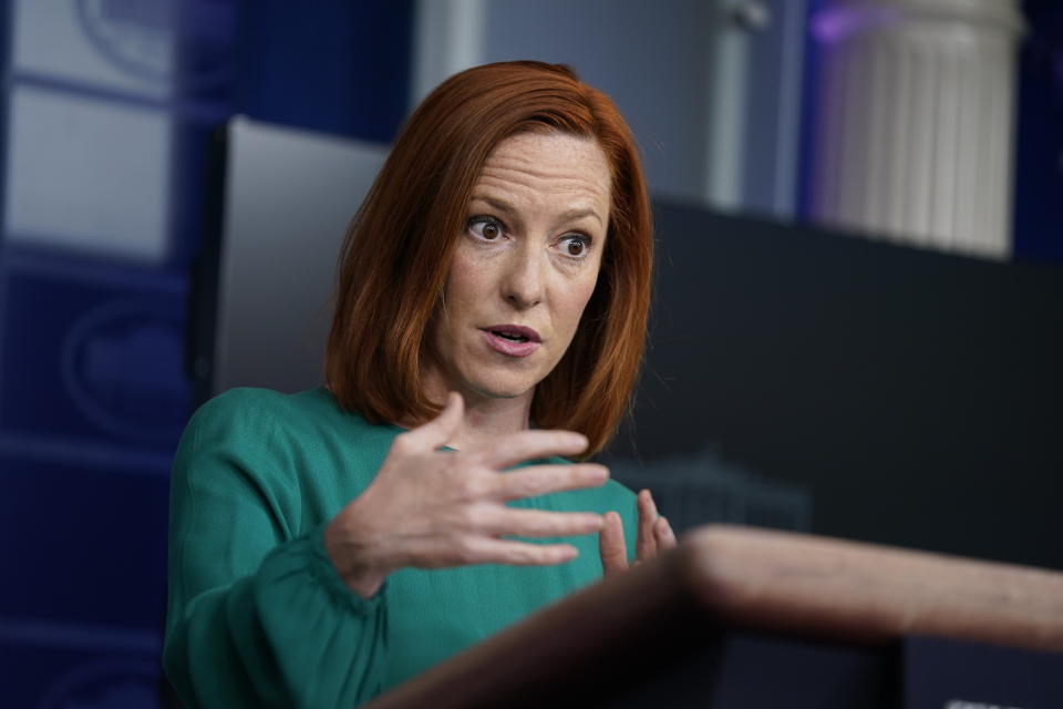 White House press secretary Jen Psaki speaks during a press briefing at the White House, Tuesday, April 6, 2021, in Washington. (AP Photo/Evan Vucci)