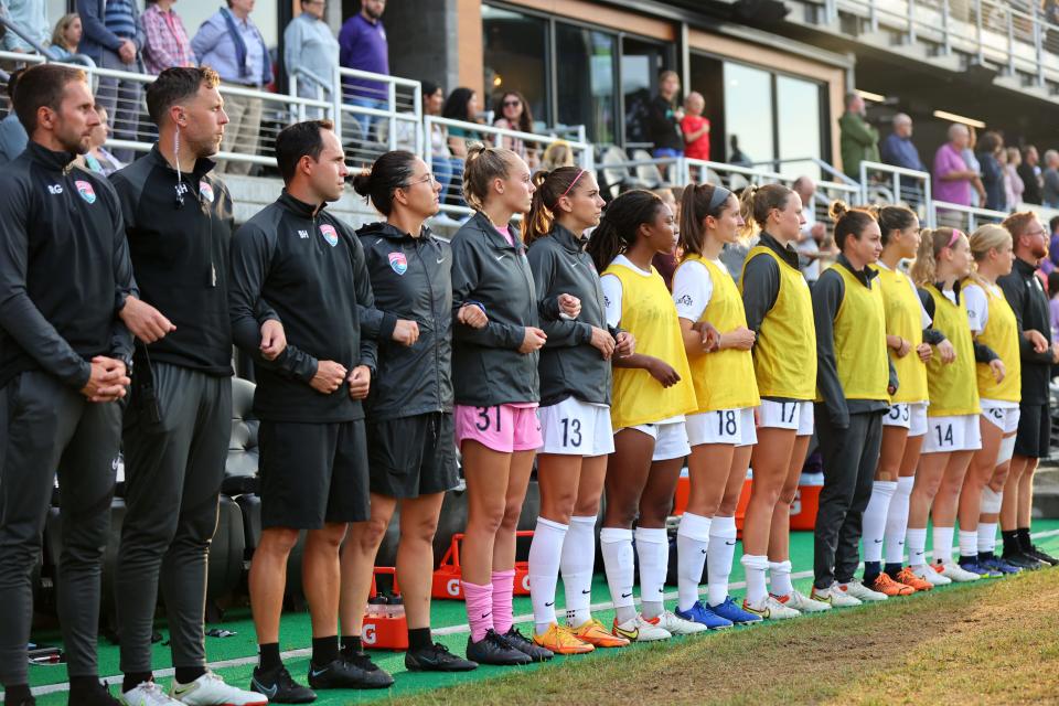 May 18, 2022; Louisville, Kentucky, USA; San Diego Wave FC during the National Anthem before the game against Racing Louisville FC at Lynn Family Stadium. Mandatory Credit: EM Dash-USA TODAY Sports