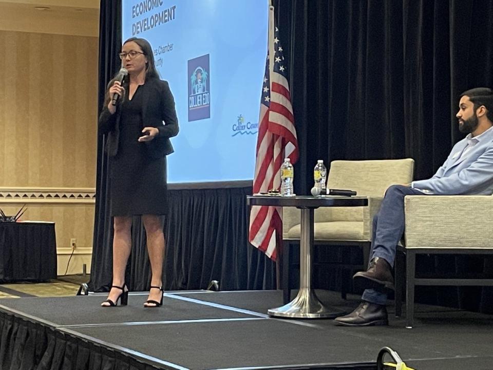 Melanie Schmees, director of business and economic research for the Greater Naples Chamber, discusses the state of the local economy at the Hilton Naples on Aug. 3, 2022.  The event was sponsored by the chamber.