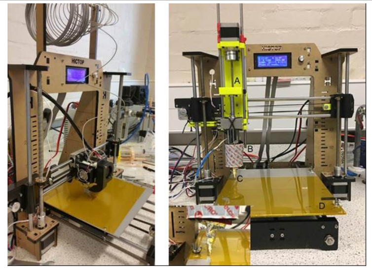 <span class="caption">The 3D printer before modification (left) and after replacing the plastic print head (in the red circle) with a syringe pump (right). In the right picture, (A) shows the syringe pump, (B) is the syringe, (C) marks the needle and (D) shows the print platform.</span> <span class="attribution"><span class="license">Author provided</span></span>