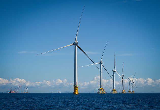 YANGJIANG, CHINA - JULY 12: Aerial view of the construction site of an offshore wind farm, invested by China Three Gorges Renewables (Group) Co., Ltd, on July 12, 2021 in Yangjiang, Guangdong Province of China. (Photo by Liang Wendong/VCG via Getty Images) (Photo: VCG via Getty Images)