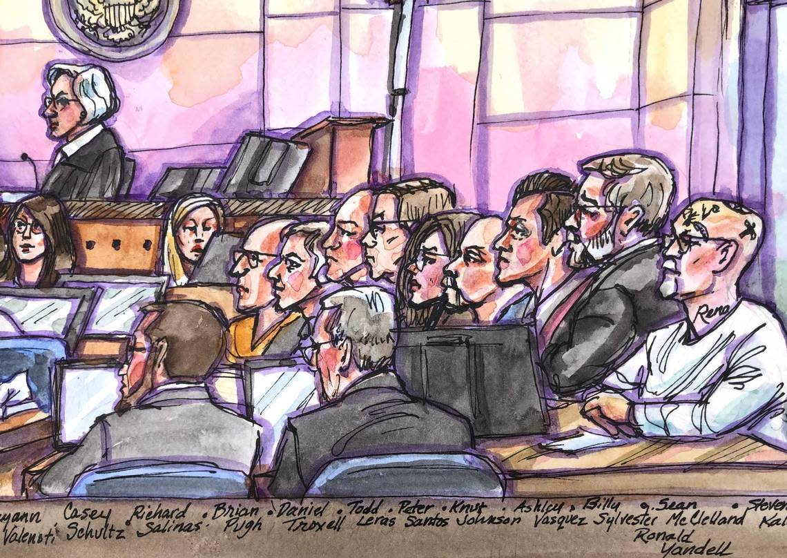 Defendants William Sylvester, Ronald Yandell and Danny Troxell are seated in Sacramento federal court with their attorneys during trial in a federal racketeering, drug and murder conspiracy case that investigators have been building since 2016. The case is expected to go to the jury on Wednesday to begin deliberations on the charges against the three Aryan Brotherhood members, who already are serving life sentences in state prison.