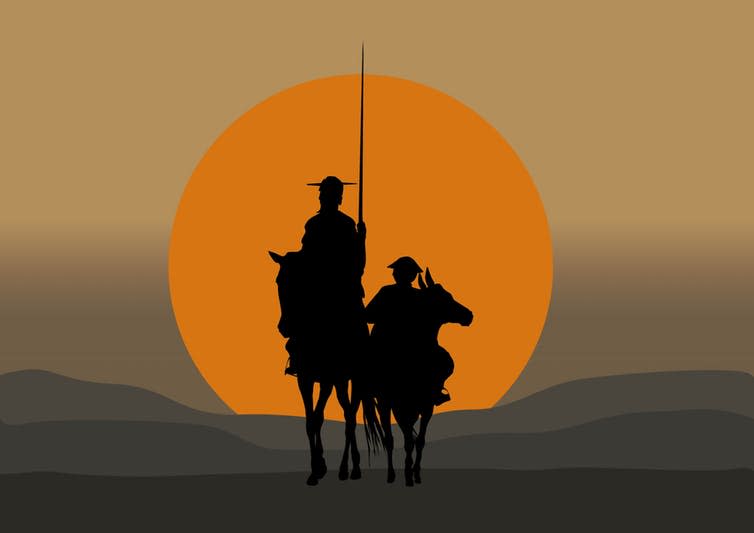 <span class="caption">Don Quixote and Sancho Panza.</span> <span class="attribution"><a class="link " href="https://www.shutterstock.com/image-vector/silhouette-don-quixote-de-la-mancha-493900036" rel="nofollow noopener" target="_blank" data-ylk="slk:Shutterstock;elm:context_link;itc:0;sec:content-canvas">Shutterstock</a></span>