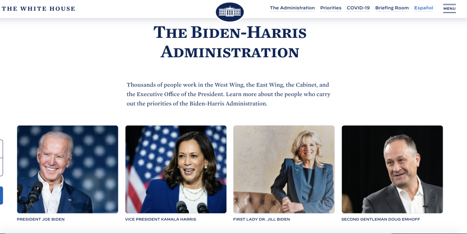 The Biden-Harris Administration written across the new White House website. 