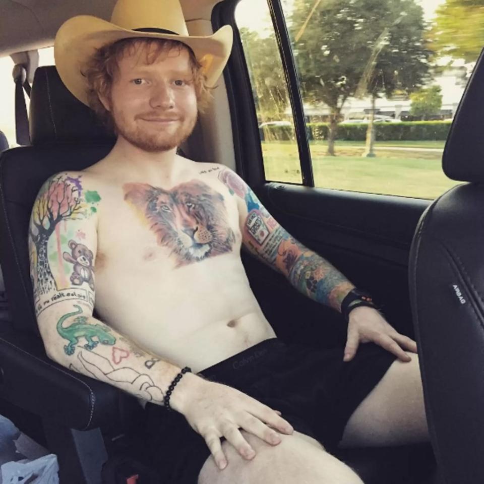 Singer Ed Sheeran shows off his tattoos in a social media snap. edsheeran/Instagram