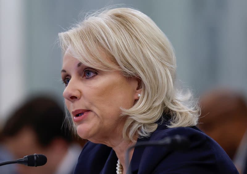 National Transportation Safety Board Chair Jennifer Homendy testifies before the Senate during a hearing about the train derailment in Washington