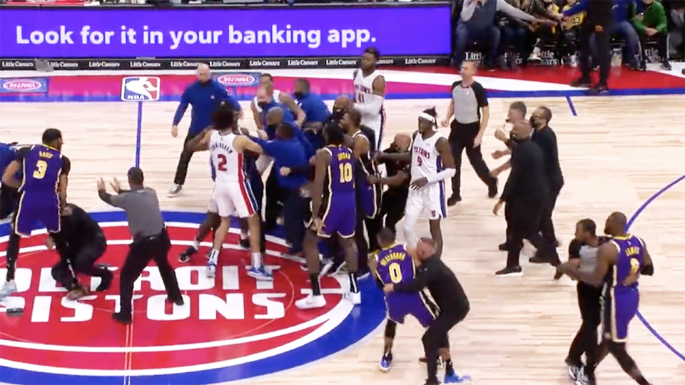 Isaiah Stewart, pictured here in a bloody rage as he tried to get to LeBron James.