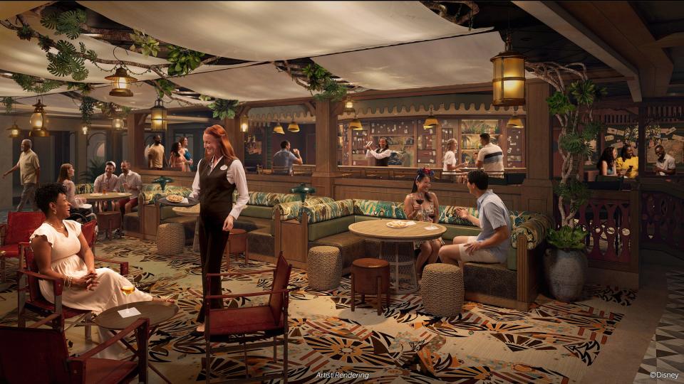 Adventure awaits guests beneath a tangle of untamed foliage at Skipper Society, a centrally located adult outpost that features refined nods to the iconic Jungle Cruise attraction at Disney theme parks around the globe.