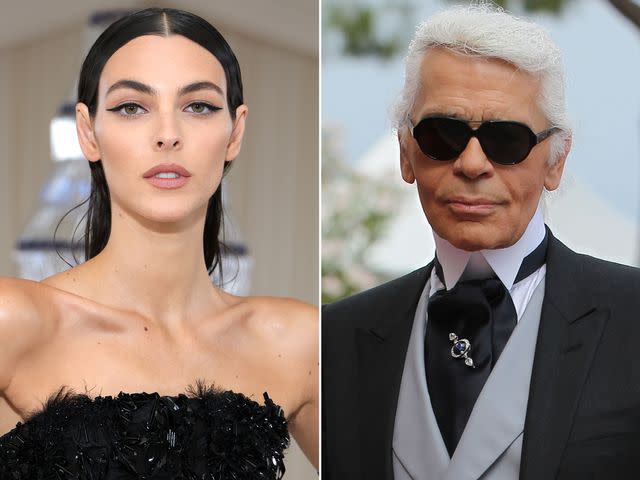 <p>Kevin Mazur/MG23/Getty ; Sean Gallup/Getty</p> Vittoria Ceretti, Karl Lagerfeld