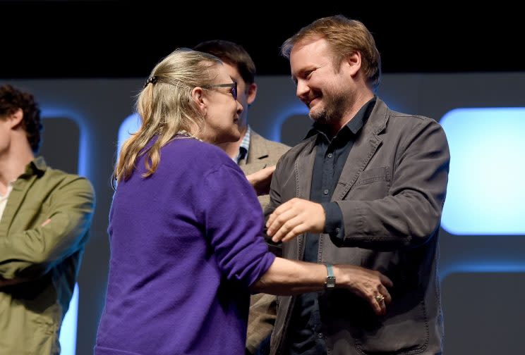 Rian Johnson greets Carrie Fisher at a “Star Wars” Celebration. (Ben A. Pruchnie/Getty Images for Walt Disney Studios)