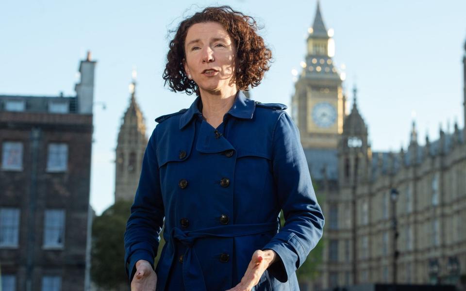 Anneliese Dodds, the Labour Party chair, is pictured talking to broadcasters in Westminster this morning