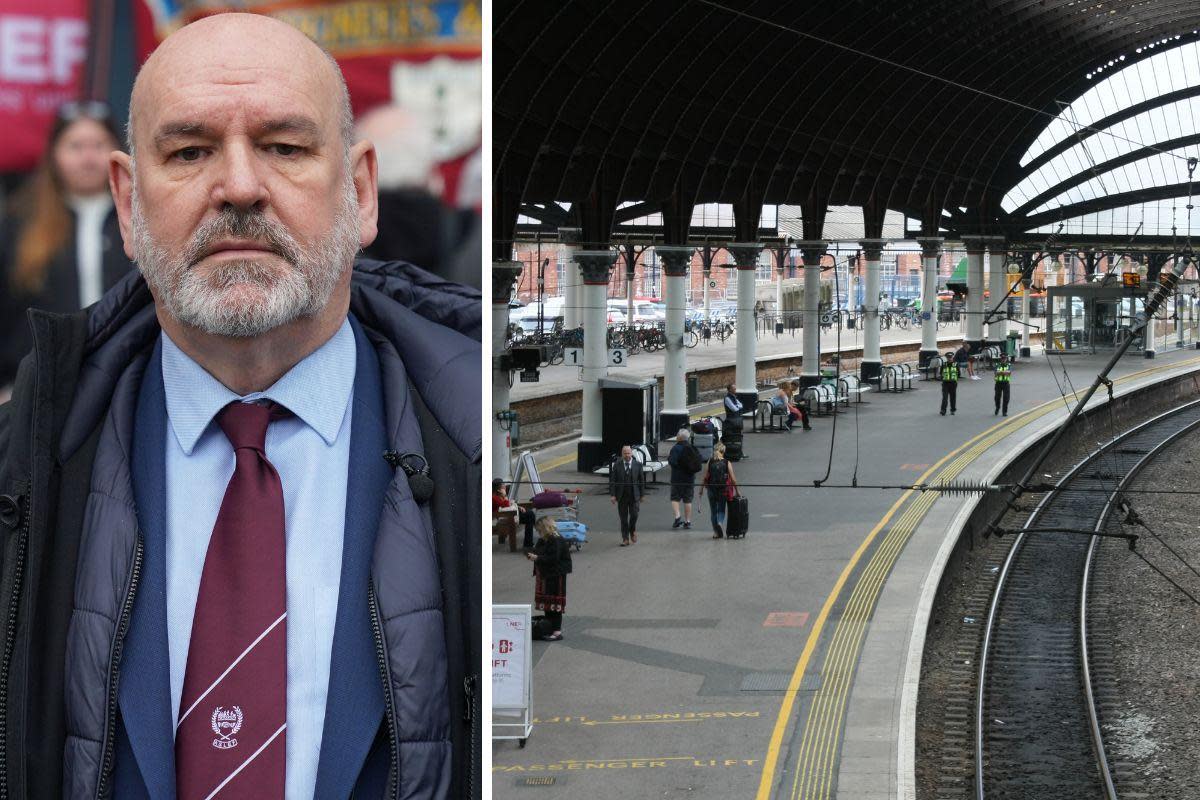 Mick Whelan, Aslef’s general secretary, as the union announces a fresh wave of strikes next week affecting York passengers <i>(Image: Lucy North/PA Wire and Dylan Connell)</i>