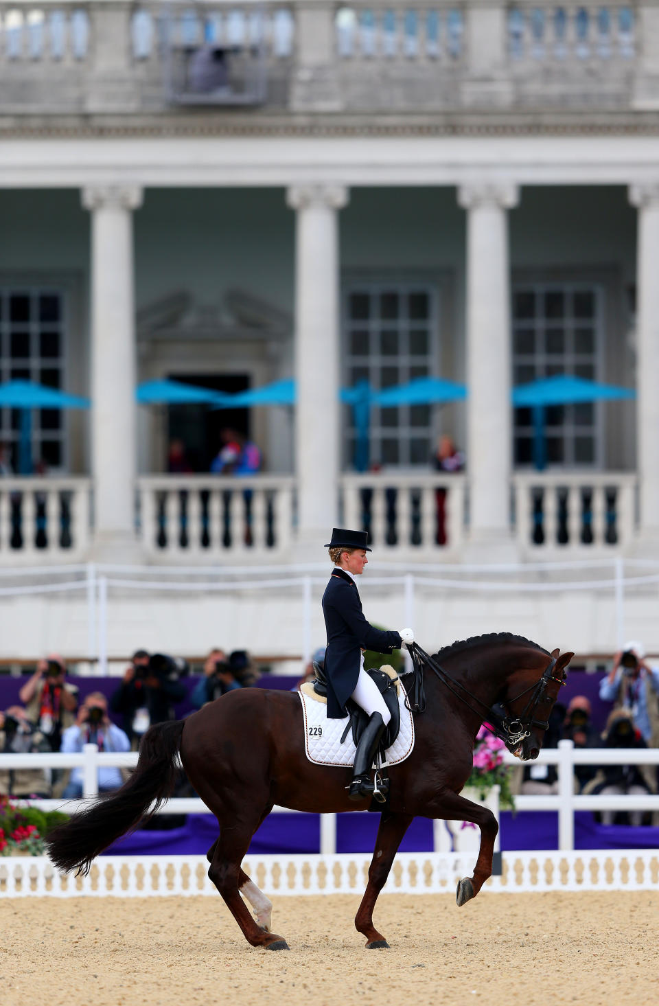 LONDON, ENGLAND - AUGUST 07: Helen Langehanenberg of Germany riding Damon Hill competes in the Team Dressage Grand Prix Special on Day 11 of the London 2012 Olympic Games at Greenwich Park on August 7, 2012 in London, England. (Photo by Alex Livesey/Getty Images)