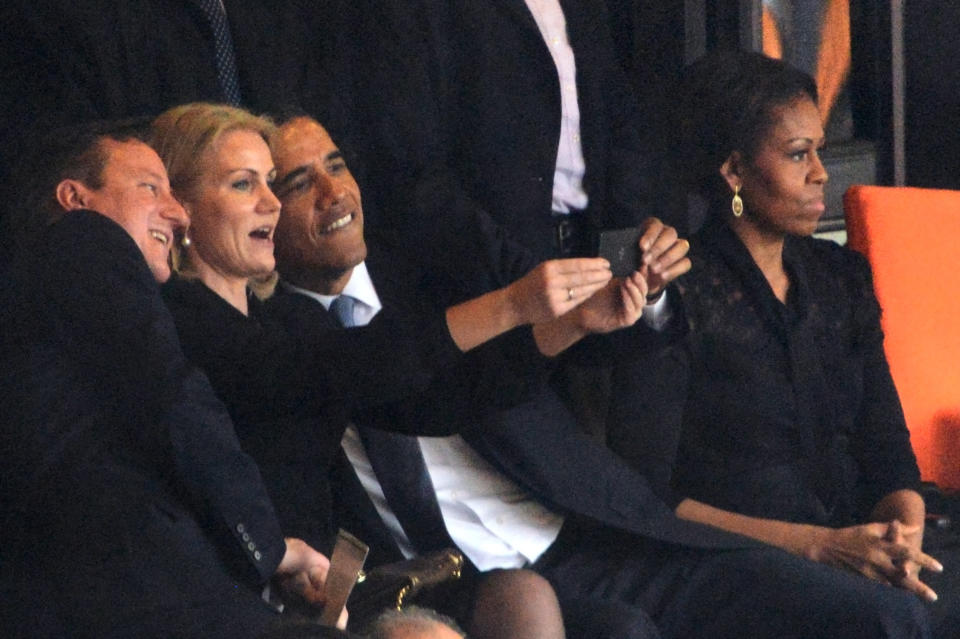 British Prime Minister David Cameron, Danish Prime Minister Helle Thorning Schmidt and U.S. President Barack Obama&nbsp;take a selfie&nbsp;at the FNB Stadium in Johannesburg, South Africa, on Dec. 10, 2013.