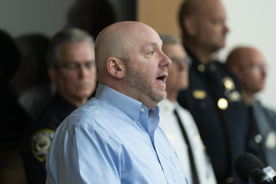 Chesapeake City Manager Chris Price speaks to reporters after a mass shooting at a Walmart, Wednesday, Nov. 23, 2022, in Chesapeake, Va. Police say a shooter opened fire, leaving several people dead. It was the country’s second high-profile mass killing in a handful of days. (AP Photo/Alex Brandon)