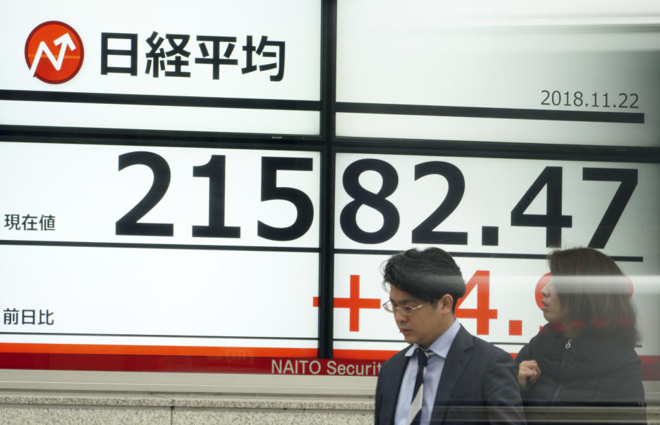 People stand in front of an electronic stock board showing Japan's Nikkei 225 index at a securities firm in Tokyo Thursday, Nov. 22, 2018. Asian markets were mostly lower on Thursday as a mixed bag of data from the United States that could point to softening growth rattled investors. (AP Photo/Eugene Hoshiko)