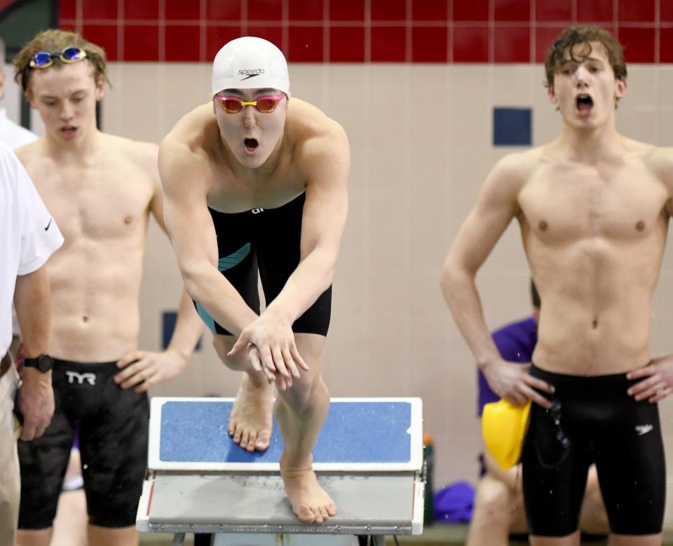 Jackson's Daniel Ham competes in Boys 400 Free Relay in 2023 OHSAA Division 1 State Swimming Prelims at C.T. Branin Natatorium in Canton.  Friday,  February 24, 2023.