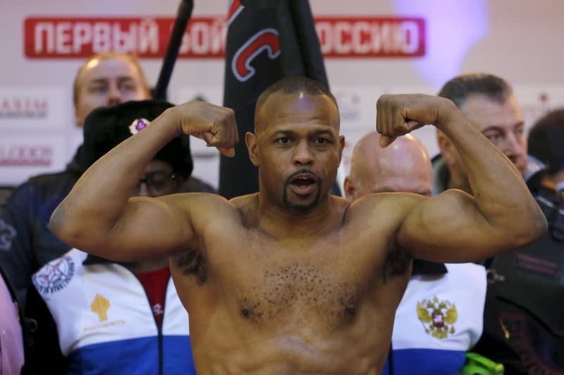 American-Russian boxer Jones Jr weighs in for his upcoming boxing fight against Britain's Maccarinelli in Moscow