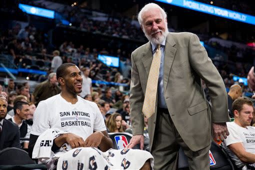 LaMarcus Aldridge（左）本季三分球表現突飛猛進，總教練Popovich（右）爆笑解釋。（圖／翻攝自推特）