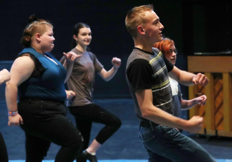 Cast members rehearse for the high school All-City Musical "Oklahoma!" at Guzzetta Hall on May 25.