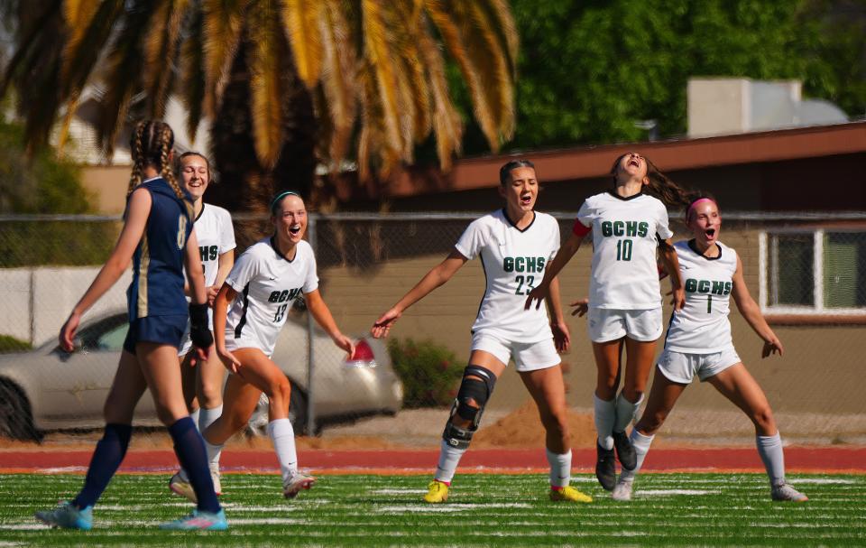 February 18, 2023; Mesa, Ariz; USA; Gilbert Christian sophomore Caprice Chiuchiolo (10) reacts after scoring a goal in the first half against Benjamin Franklin during the 3A State Championship game at Westwood High School. 