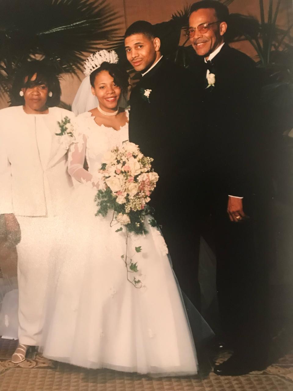 Lieutenant Gov. Tahesha Way on her wedding day in Philadelphia in March 1997 when she married Charles Way, with her parents, Rosa and Robert Wright, on either side.