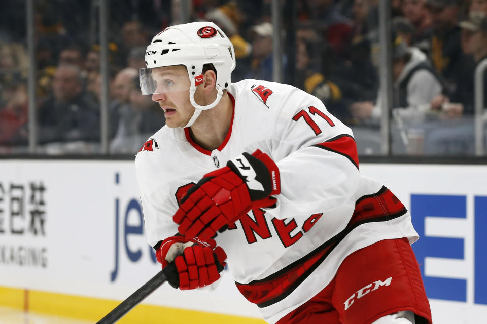 FILE - In this Dec. 3, 2019, file photo, Carolina Hurricanes' Lucas Wallmark plays against the Boston Bruins during an NHL hockey game in Boston. The Florida Panthers traded Vincent Trocheck to the Carolina Hurricanes for Erik Haula, Lucas Wallmark and prospects Chase Priskie and Eetu Luostarinen, Monday, Feb. 24, 2020. (AP Photo/Michael Dwyer, File)