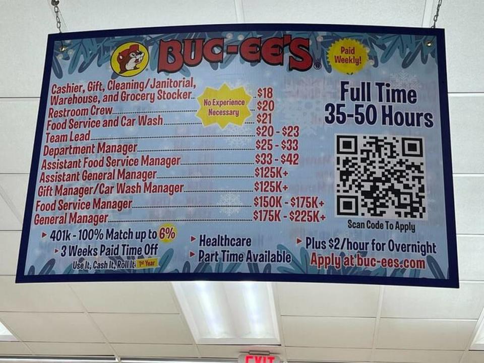 A sign at a Buc-ee’s travel center in Texas lists the wages the company pays its staff, plus benefits. Buc-ee’s is beginning to hire for management positions for its new store coming to South Mississippi.