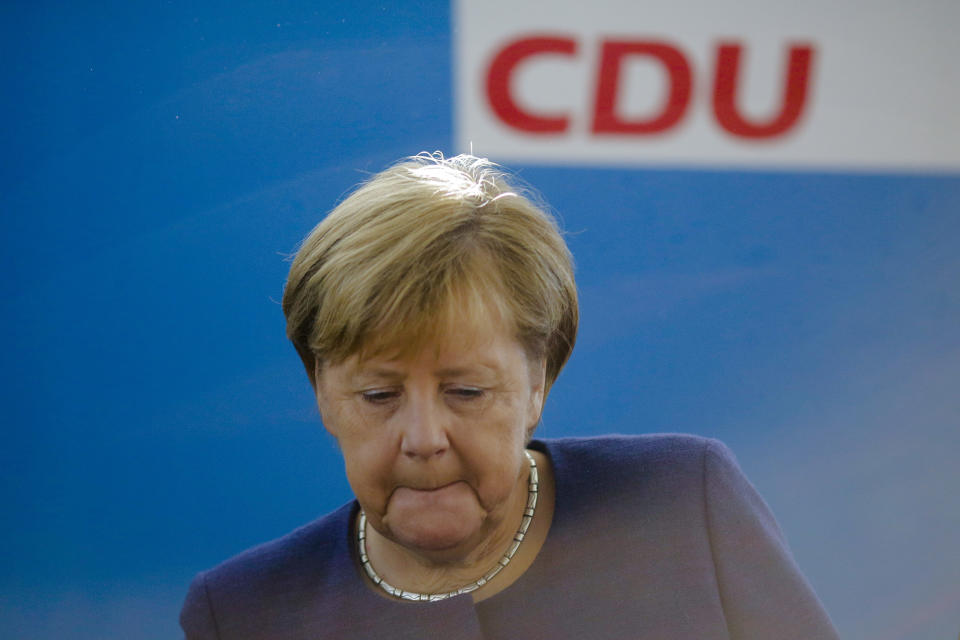 German Chancellor Angela Merkel leads a Christian Democratic Union party's leaders meeting at the party's headquarters a day after the Bavarian state elections, in Berlin, Monday, Oct. 15, 2018. (AP Photo/Markus Schreiber)