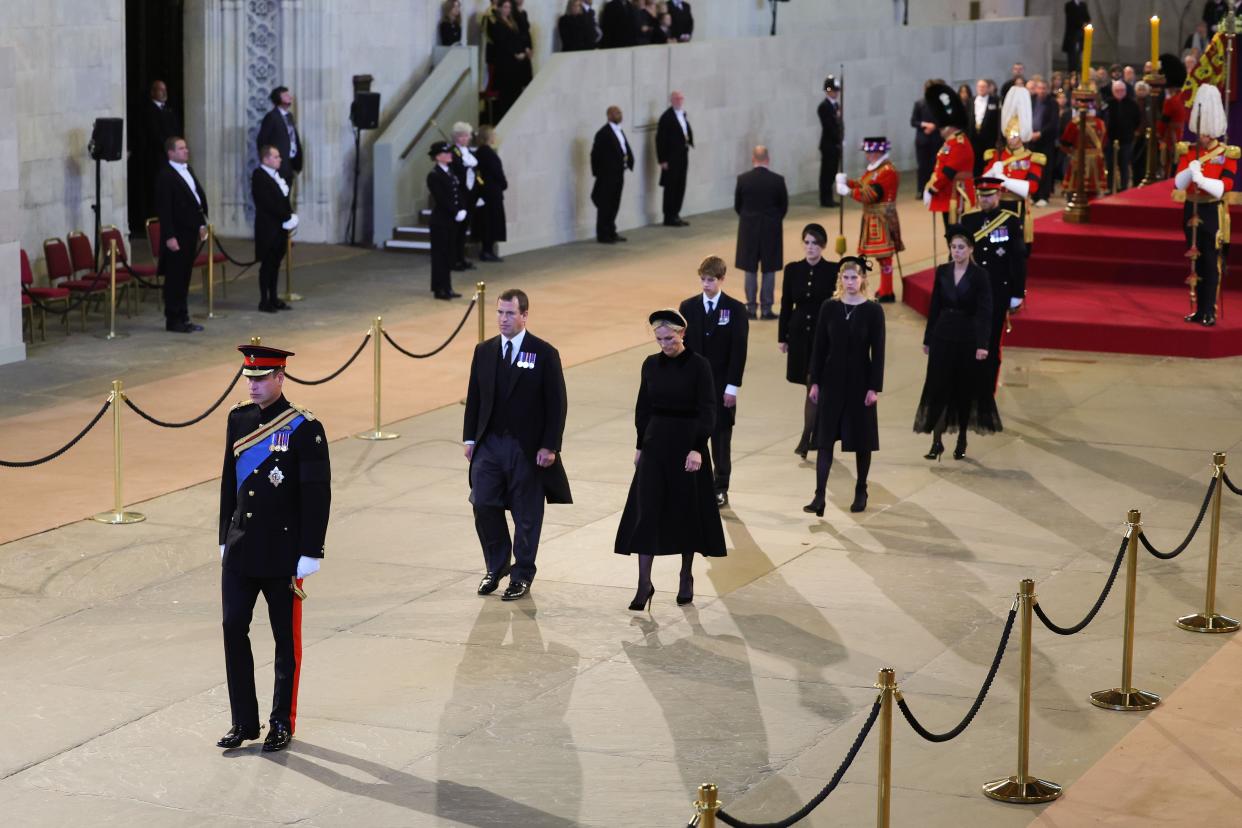 Prince William, Prince of Wales, Peter Phillips, Zara Tindall, James, Viscount Severn, Lady Louise Windsor, Princess Eugenie of York, Princess Beatrice of York and Prince Harry, Duke of Sussex are seen during a vigil in honour of Queen Elizabeth II at Westminster Hall on September 17, 2022 in London, England. Queen Elizabeth II's grandchildren mount a family vigil over her coffin lying in state in Westminster Hall. Queen Elizabeth II died at Balmoral Castle in Scotland on September 8, 2022, and is succeeded by her eldest son, King Charles III. (Photo by Chris Jackson/Getty Images)