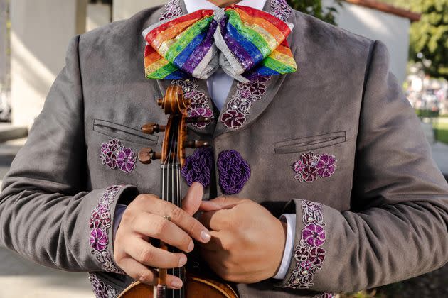 Close up details of Raul Vidal, member of Mariachi Arcoiris, an L.A. based group and the world's first all-LGBTQ mariachi band, after performing at the Pasadena Waldorf School Fund Raiser in Los Angeles on May 20, 2023.