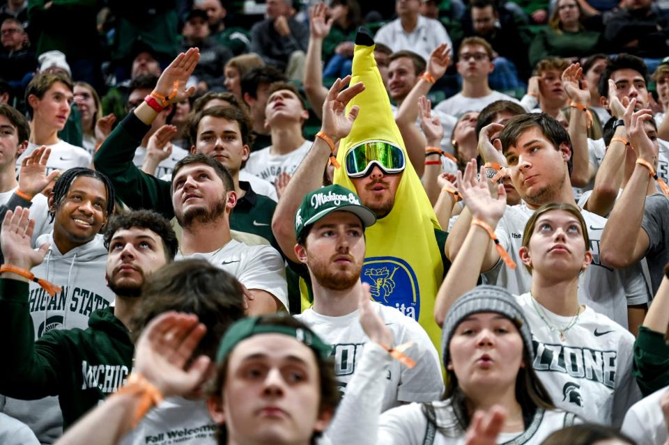 An Izzone fan dresses in a banana costume while cheering on Michigan State against Georgia Southern during the first half on Tuesday, Nov. 28, 2023, at the Breslin Center in East Lansing.