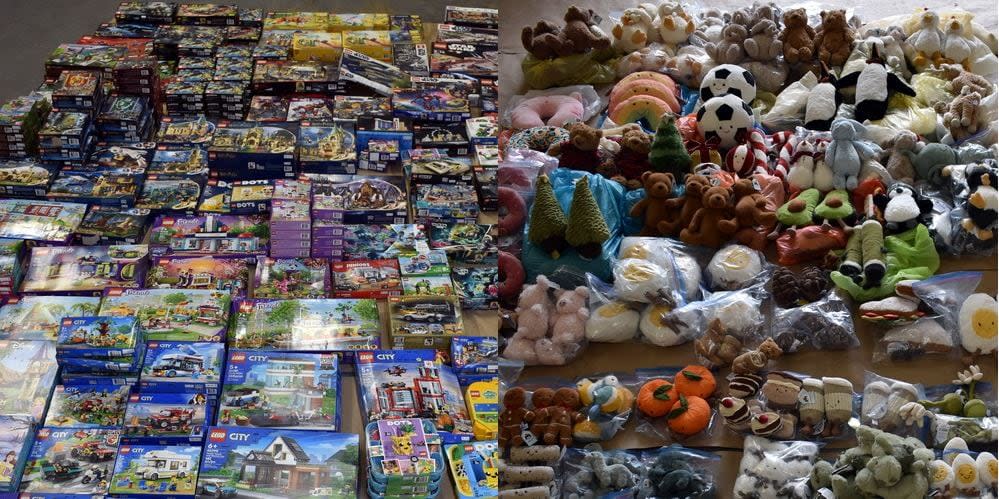 Richmond RCMP seized over 1,000 stolen items from a Steveston home, including the Lego and Jellycat toys pictured above.  (Richmond RCMP - image credit)